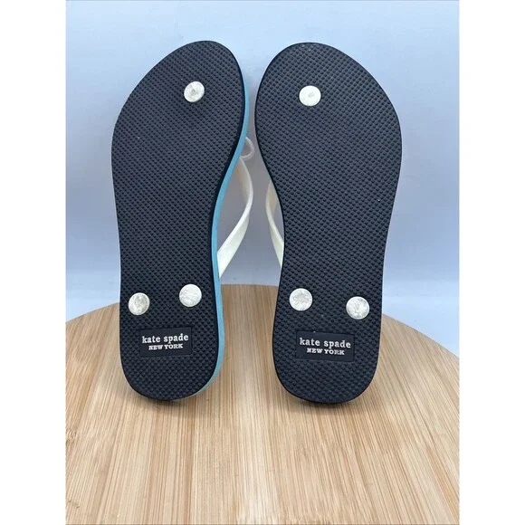 Kate Spade New York Flamingo Flip Flop Sandals Size 5 White Pink Bow Charm Beach - Picture 10 of 12